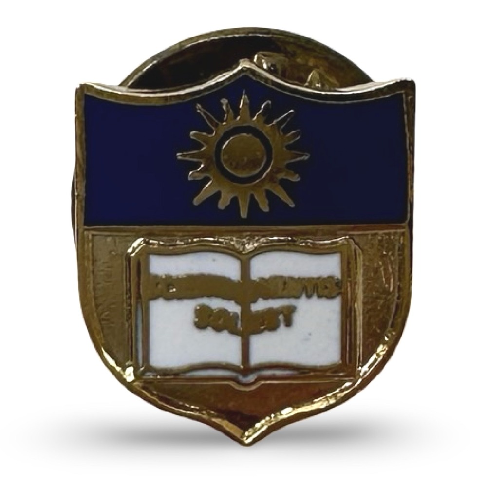 Vintage Gold Tone Blue White Enamel Scientia Mentis Solest Lapel Pin Sun Book